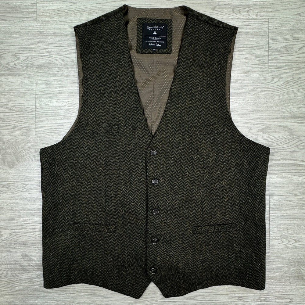 Emerald Isle Weaving Men Vest 50R Green Herringbone Tweed Wool Blend Waistcoat